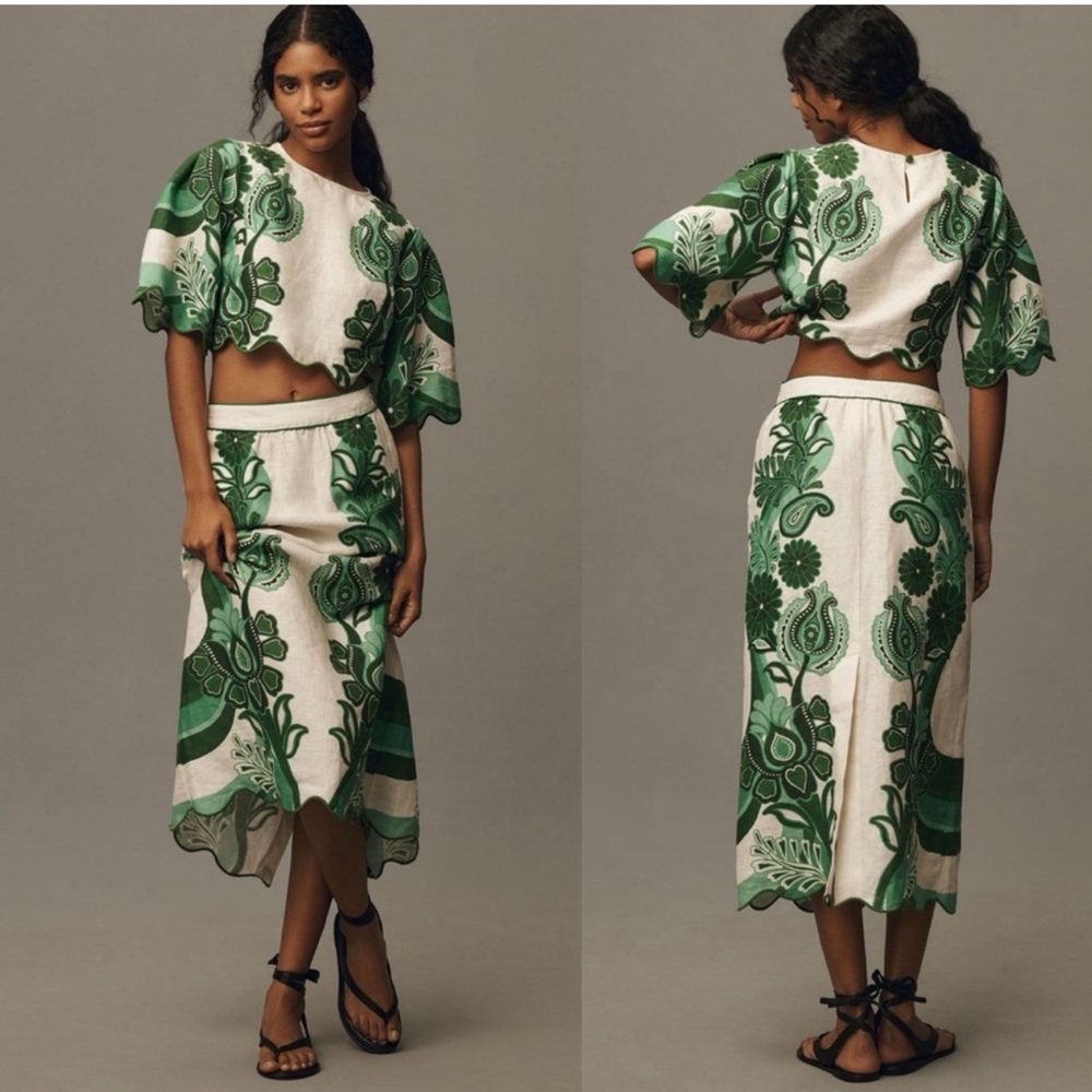 NWT FARM Rio Color Festival Green Midi Skirt Set Green Size Medium